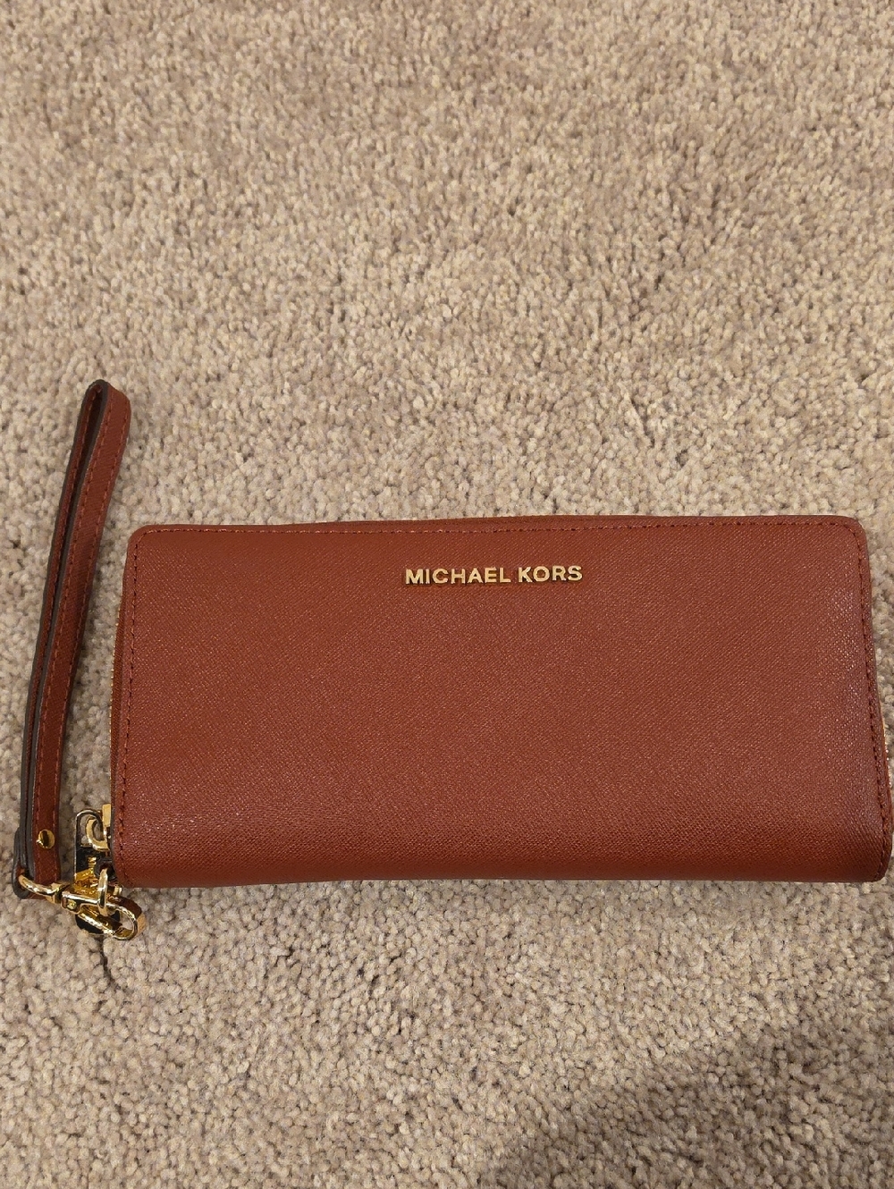 Michael Kors Brick Red Leather Wristlet Wallet with Gold Hardware